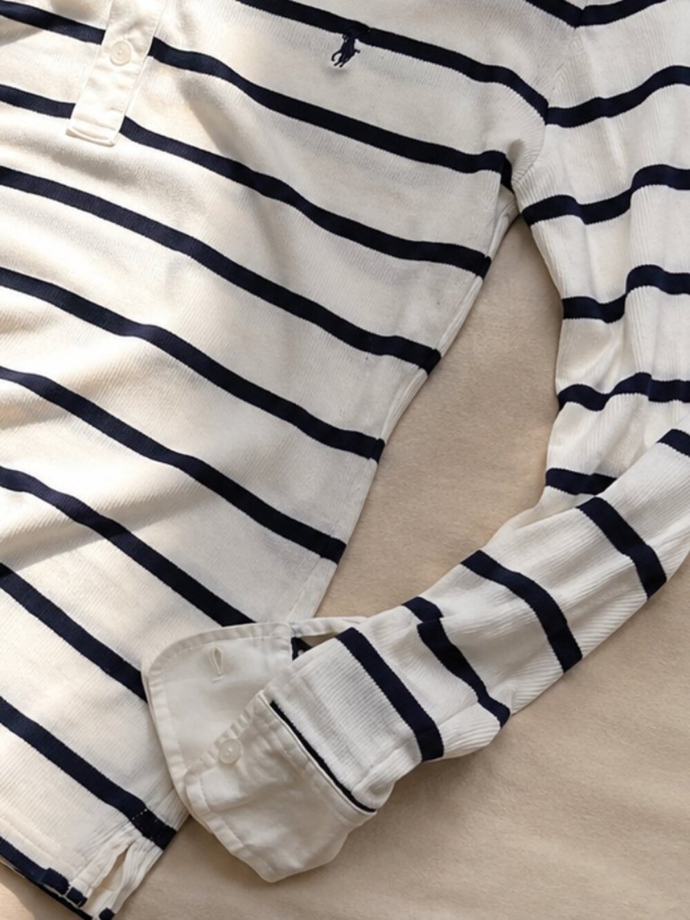 Polo Ralph Lauren Sport Cream Navy Stripe Long Sleeve Polo Top Small - Picture 6 of 9